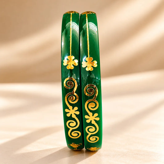 Dark Green Designer Bangles with Elegant Golden Floral & Scroll Motifs