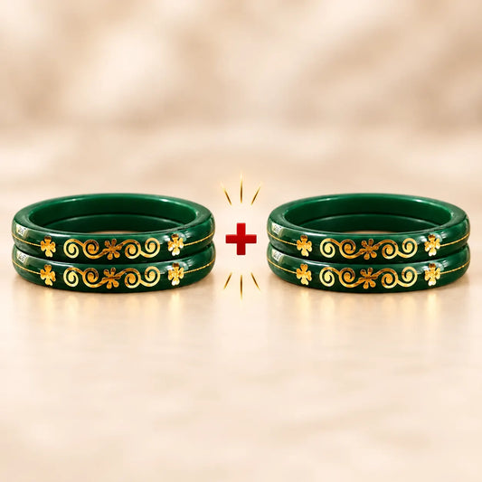 Dark Green Designer Bangles with Elegant Golden Floral & Scroll Motifs
