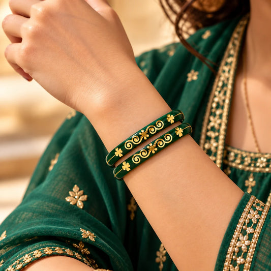 Dark Green Designer Bangles with Elegant Golden Floral & Scroll Motifs