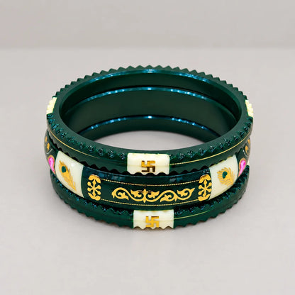 Dark Green Traditional Designer Bangles with Golden Swastika & Peacock Motifs
