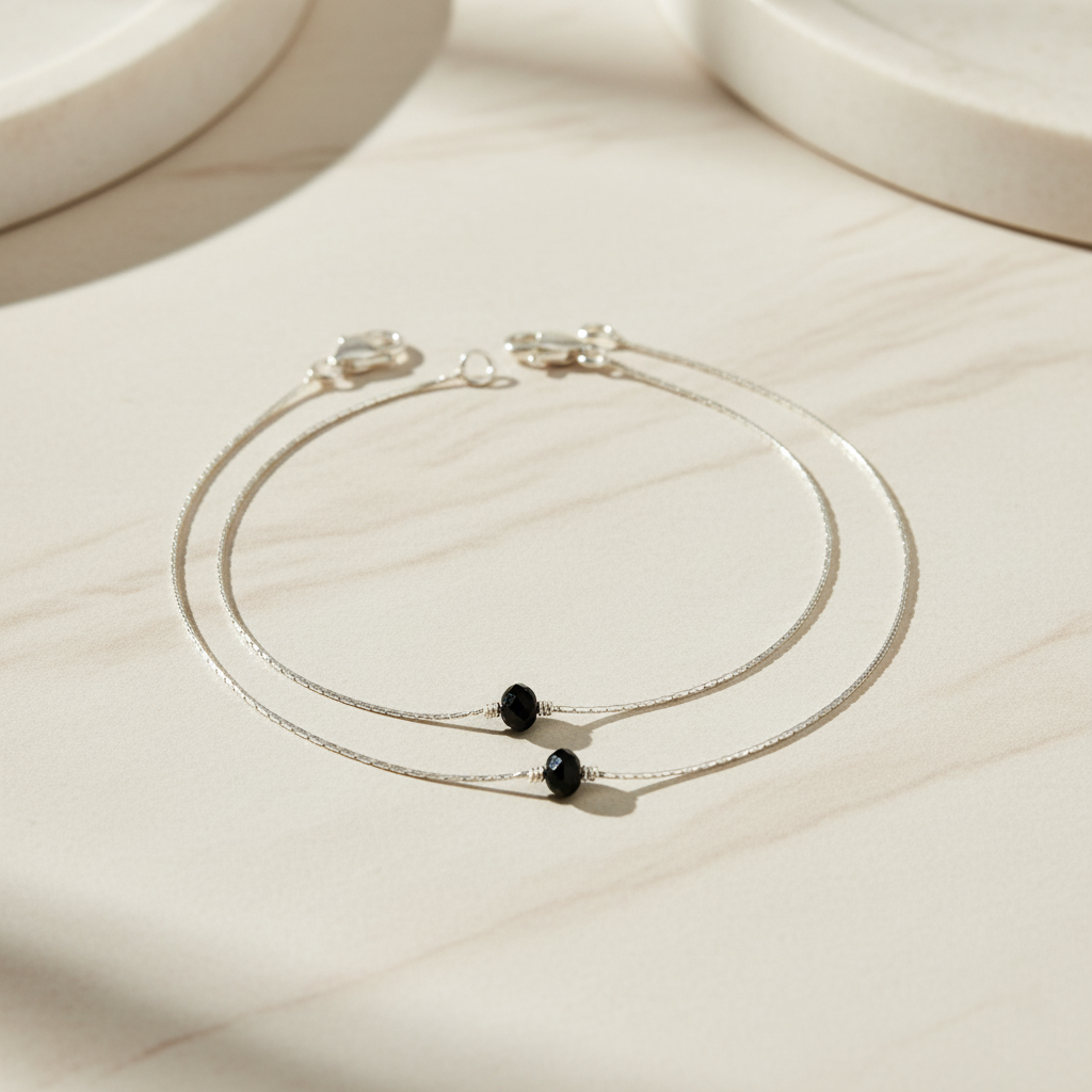 Delicate Silver Anklet Black Beads Modern Minimal Look