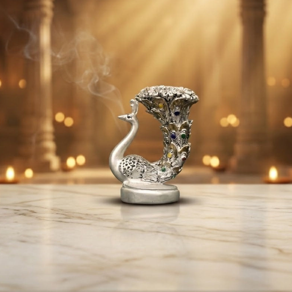 Designer Silver Finish Peacock Idol for Home Decor