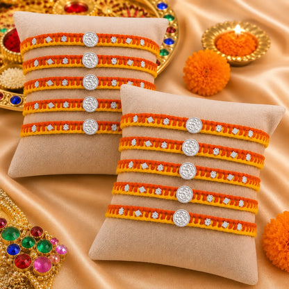 Orange yellow traditional silver Ganpati Rakhi