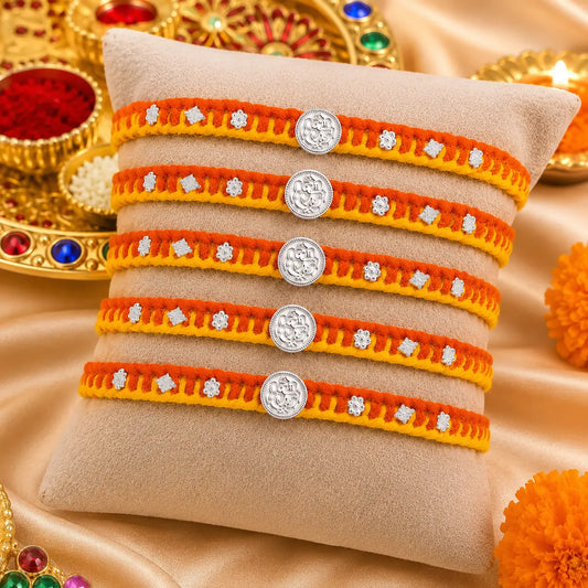 Orange yellow traditional silver Ganpati Rakhi