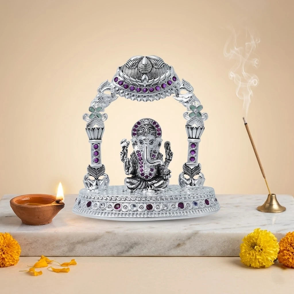 Divine Silver Ganesha Murti with Multicolour Stones