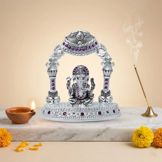 Divine Silver Ganesha Murti with Multicolour Stones
