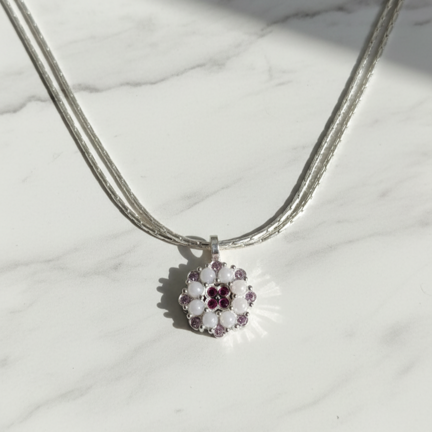 Double Chain Ruby–Pearl Flower Pendant
