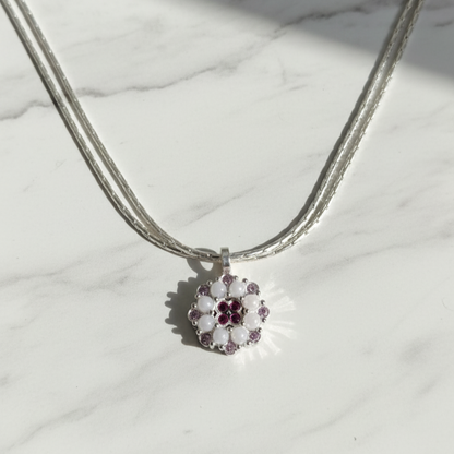 Double Chain Ruby–Pearl Flower Pendant