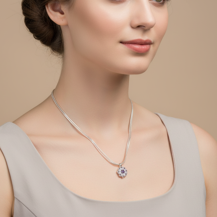 Double Chain Ruby–Pearl Flower Pendant