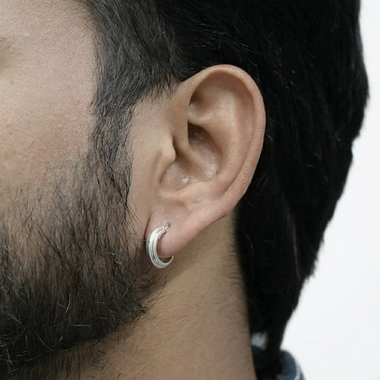 Dual Line Silver Bali for Men – Textured Hoop Earrings