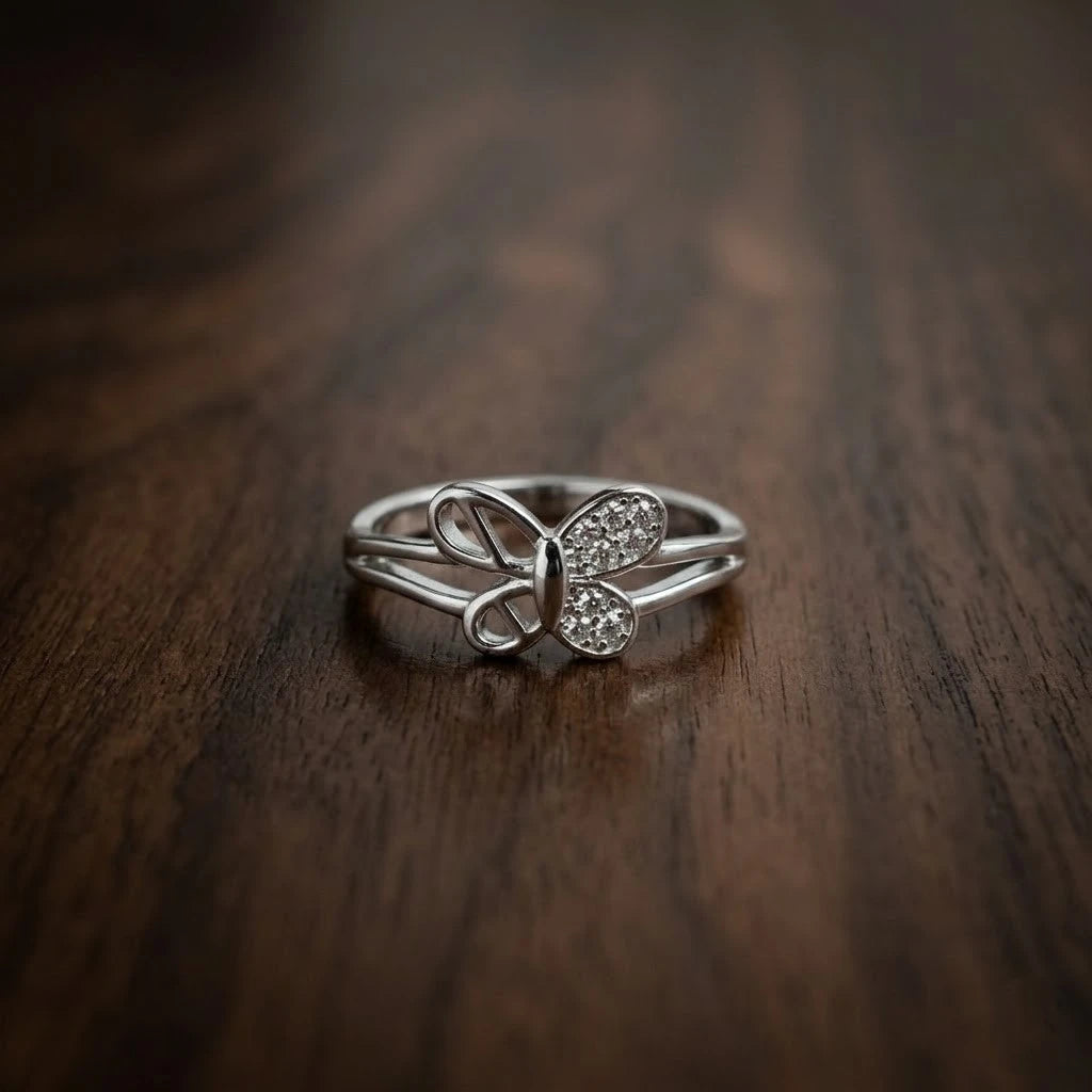 Elegant Butterfly Crystal Fashion Ring – Adjustable Silver-Tone Open Band