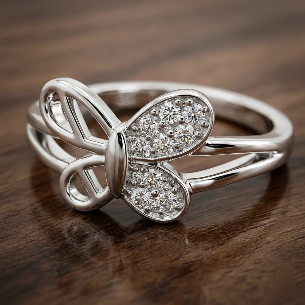 Elegant Butterfly Crystal Fashion Ring – Adjustable Silver-Tone Open Band