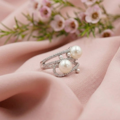Elegant Dual Pearl Wrap Ring with Crystal Pave Band
