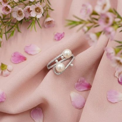 Elegant Dual Pearl Wrap Ring with Crystal Pave Band