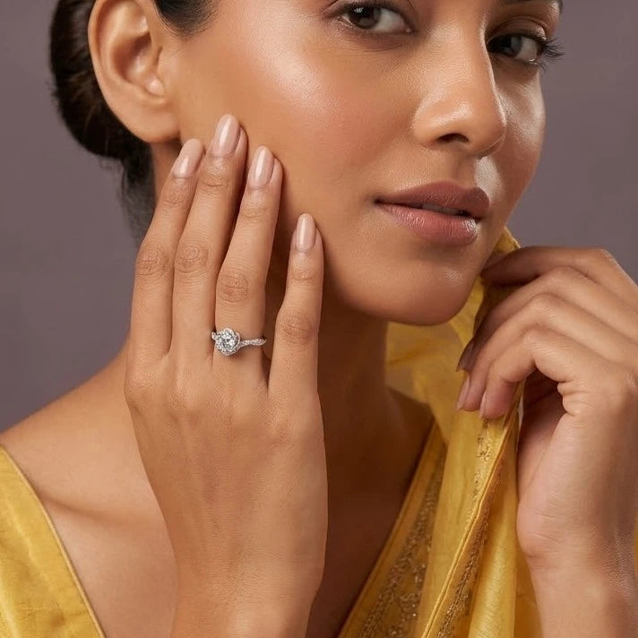Elegant Floral Halo Diamond Ring with Pavé Band – Adjustable Luxury Engagement Ring