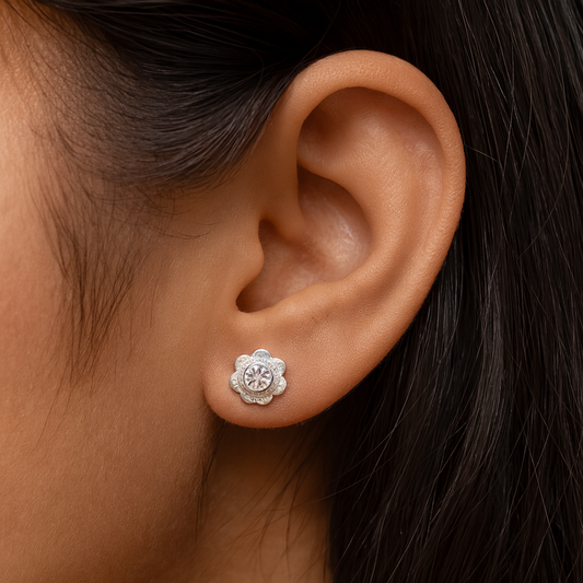 Elegant Floral Silver Stud Earrings with Sparkling Stone