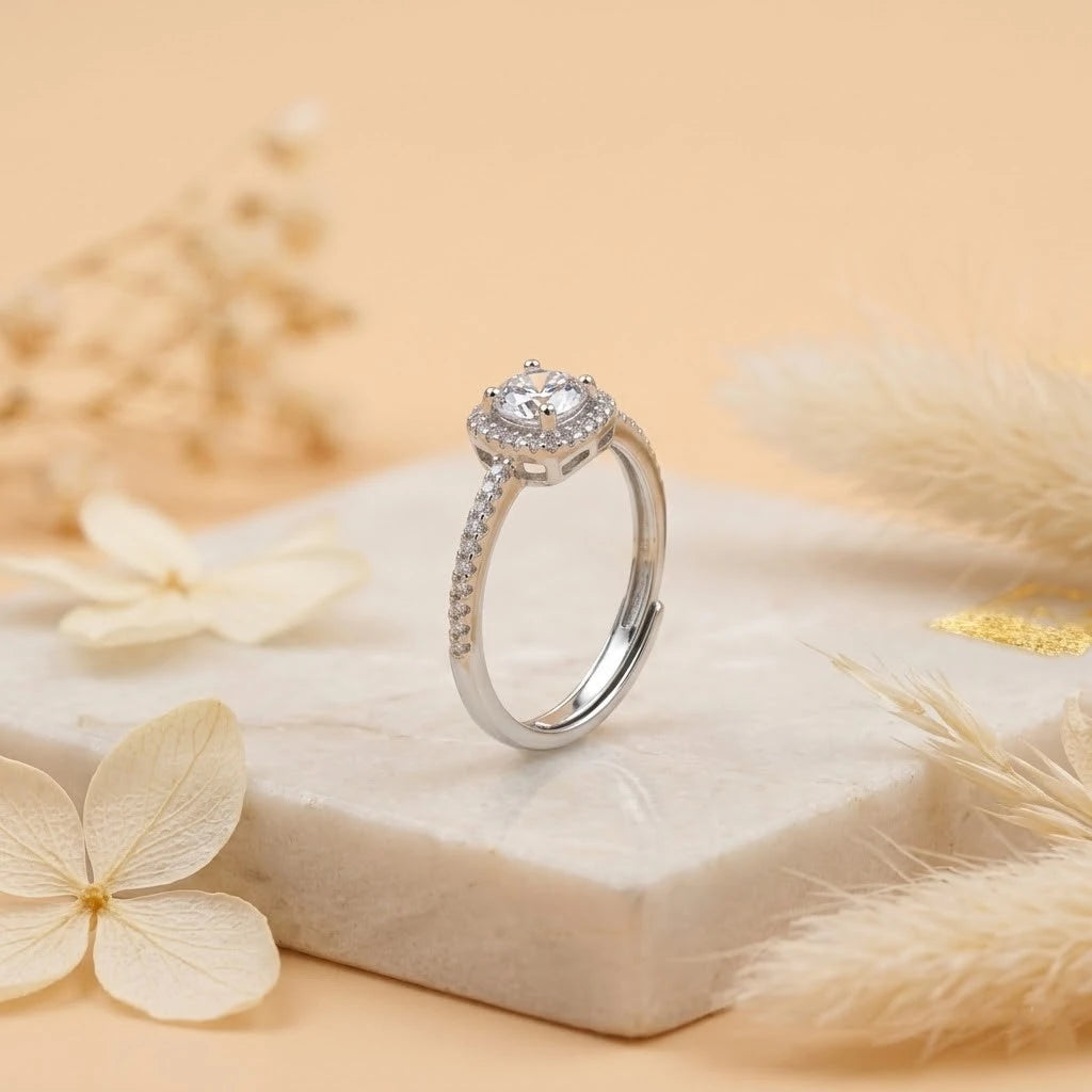 Elegant Halo Solitaire Adjustable Ring for Women