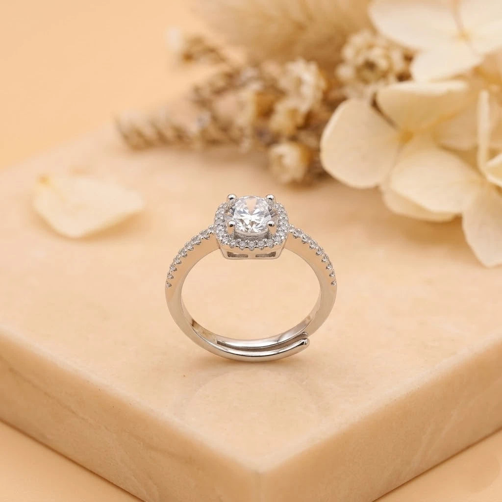 Elegant Halo Solitaire Adjustable Ring for Women