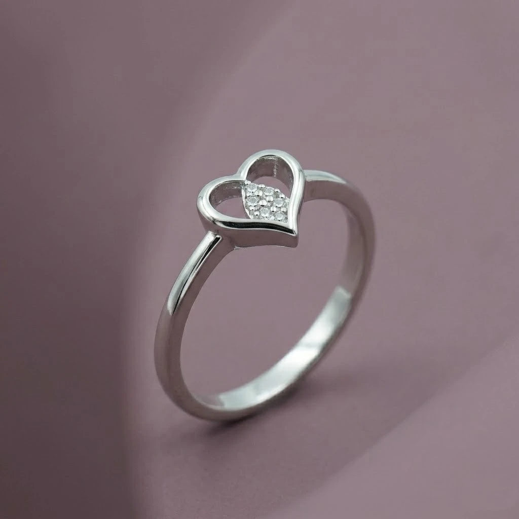 Elegant Heart Shape Diamond Accent Ring in Silver  Minimalist Love Ring for Women