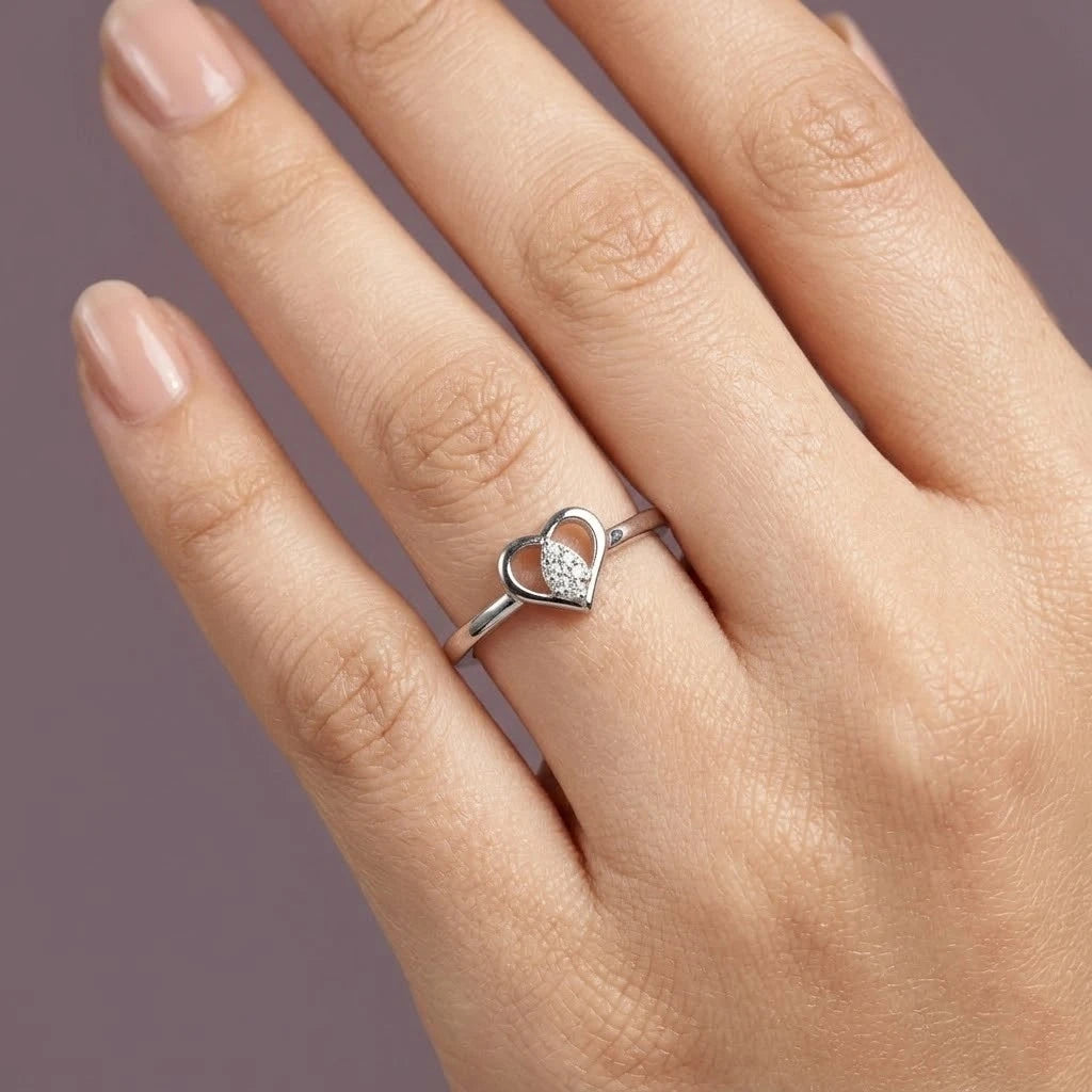 Elegant Heart Shape Diamond Accent Ring in Silver  Minimalist Love Ring for Women