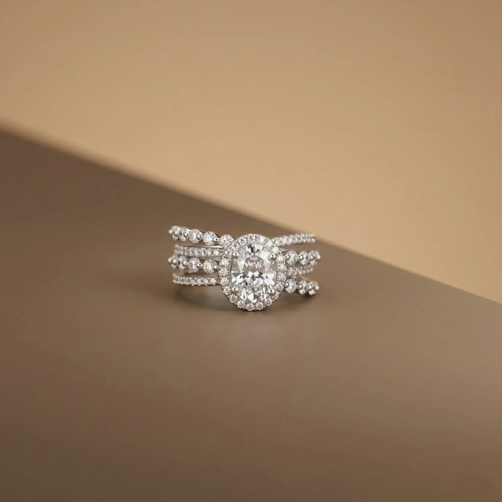 Elegant Oval Halo Multi-Layer Silver Ring