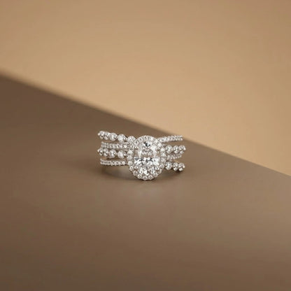 Elegant Oval Halo Multi-Layer Silver Ring