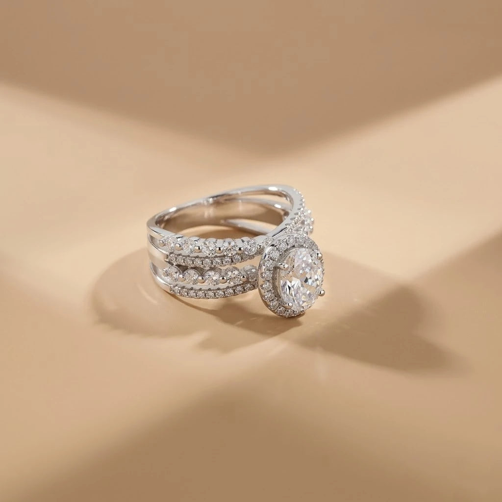Elegant Oval Halo Multi-Layer Silver Ring