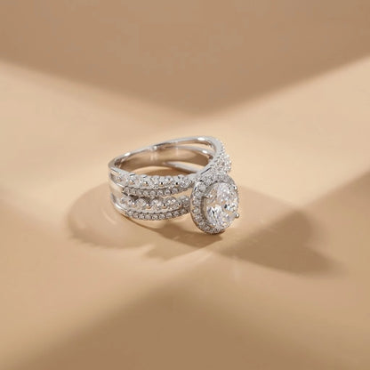 Elegant Oval Halo Multi-Layer Silver Ring