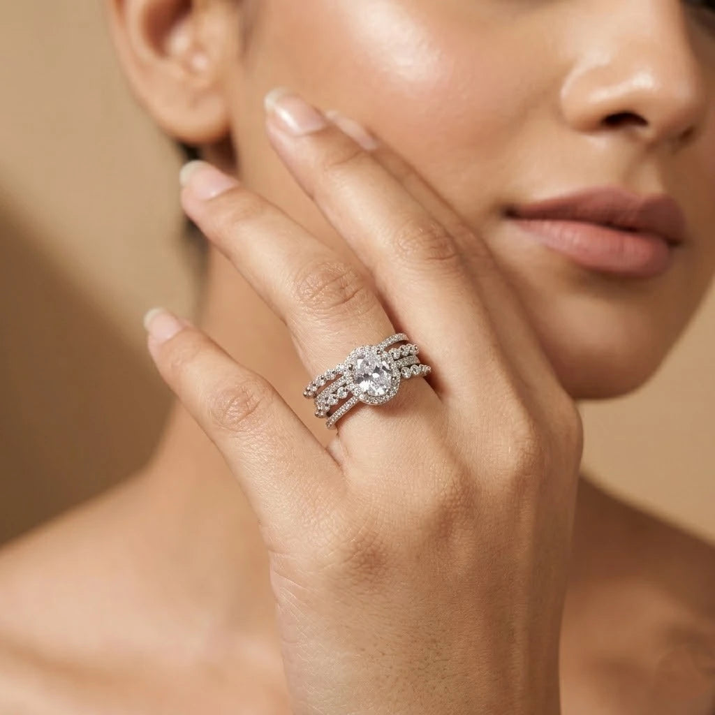 Elegant Oval Halo Multi-Layer Silver Ring