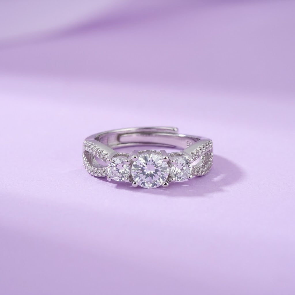 Elegant Three-Stone Cubic Zirconia Adjustable Silver Ring for Women