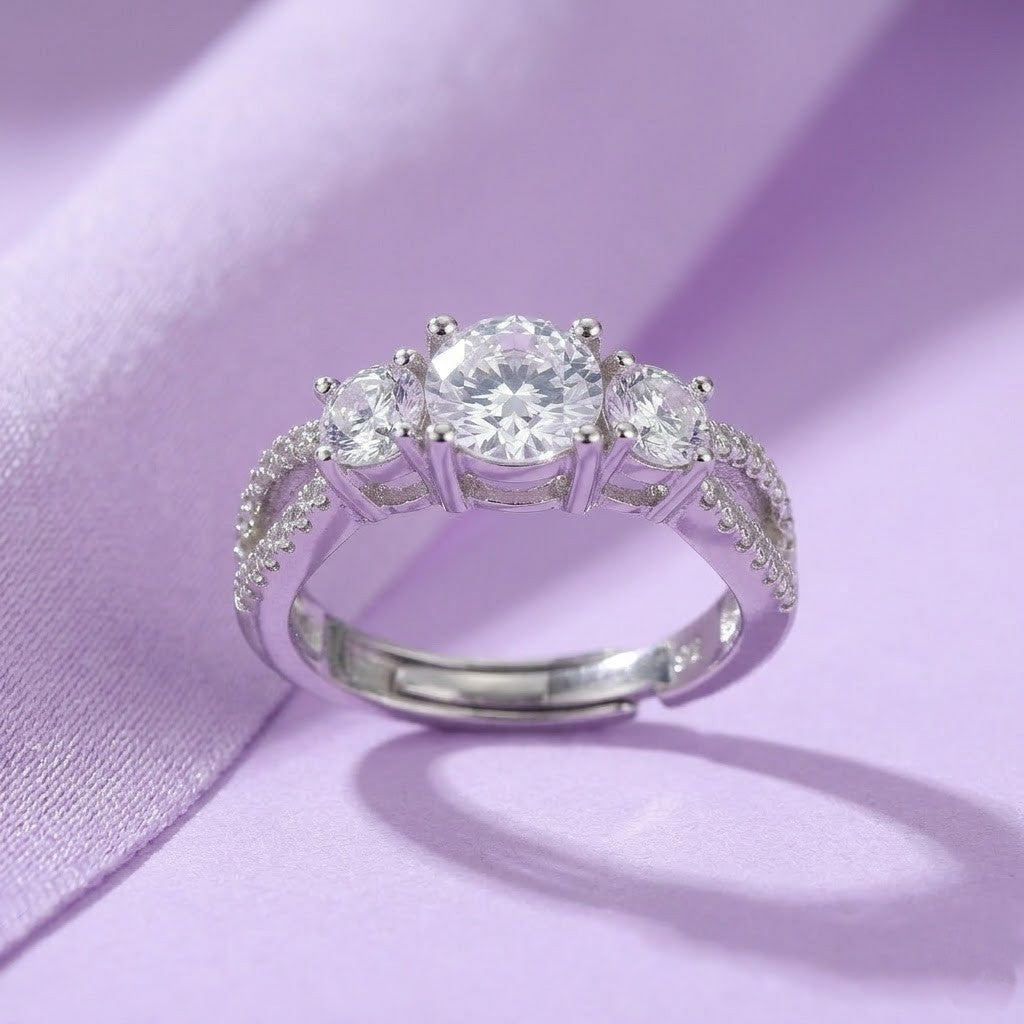 Elegant Three-Stone Cubic Zirconia Adjustable Silver Ring for Women
