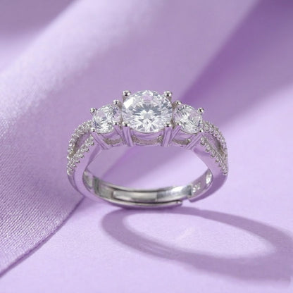 Elegant Three-Stone Cubic Zirconia Adjustable Silver Ring for Women