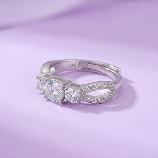 Elegant Three-Stone Cubic Zirconia Adjustable Silver Ring for Women