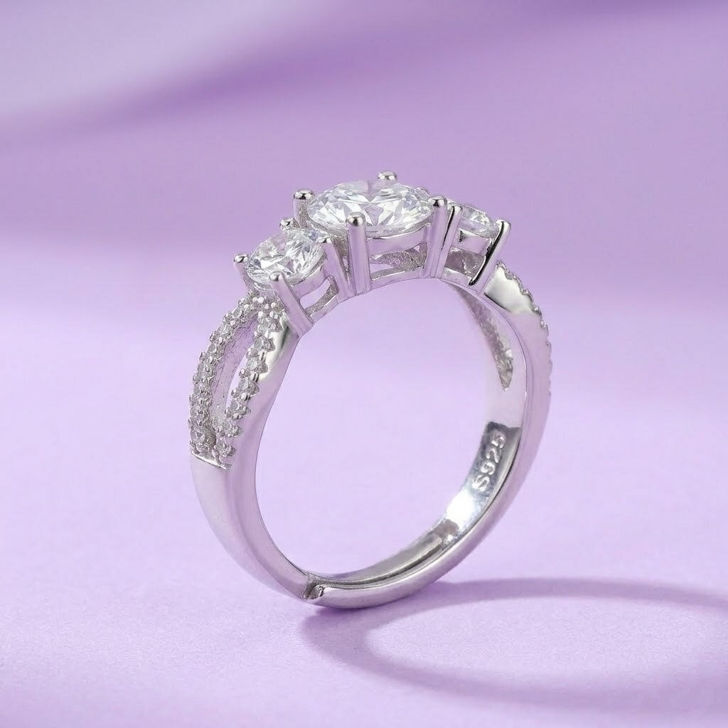 Elegant Three-Stone Cubic Zirconia Adjustable Silver Ring for Women