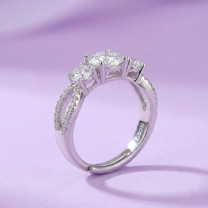 Elegant Three-Stone Cubic Zirconia Adjustable Silver Ring for Women