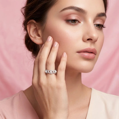Elegant Wave Pearl and Diamond Band Ring in Sterling Silver