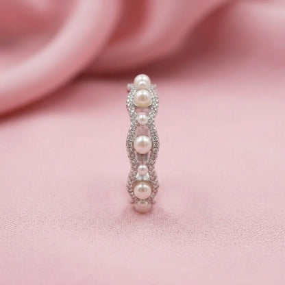 Elegant Wave Pearl and Diamond Band Ring in Sterling Silver