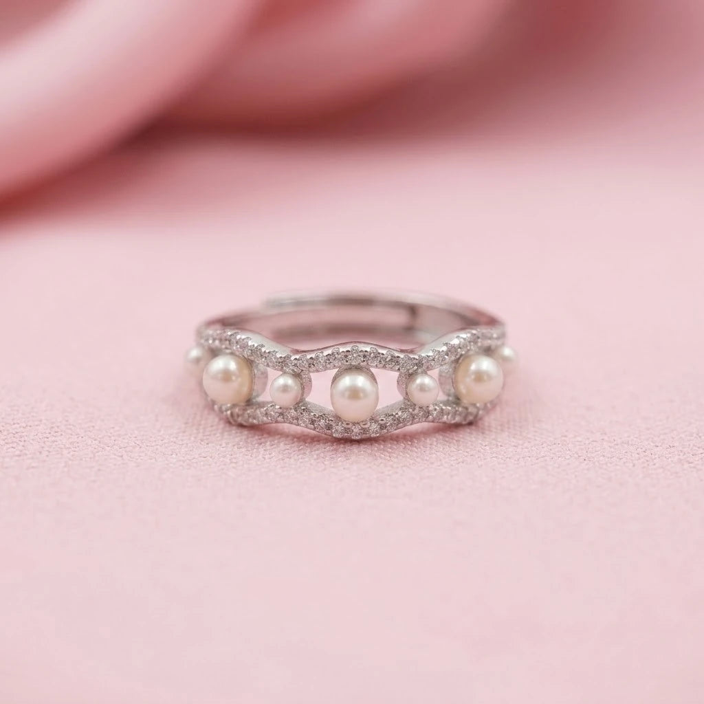 Elegant Wave Pearl and Diamond Band Ring in Sterling Silver