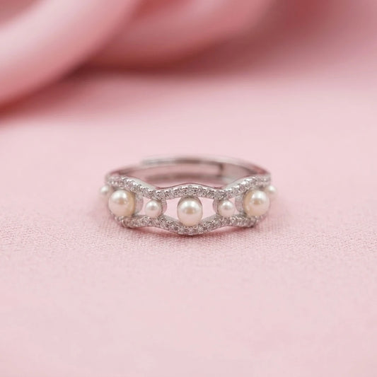 Elegant Wave Pearl and Diamond Band Ring in Sterling Silver