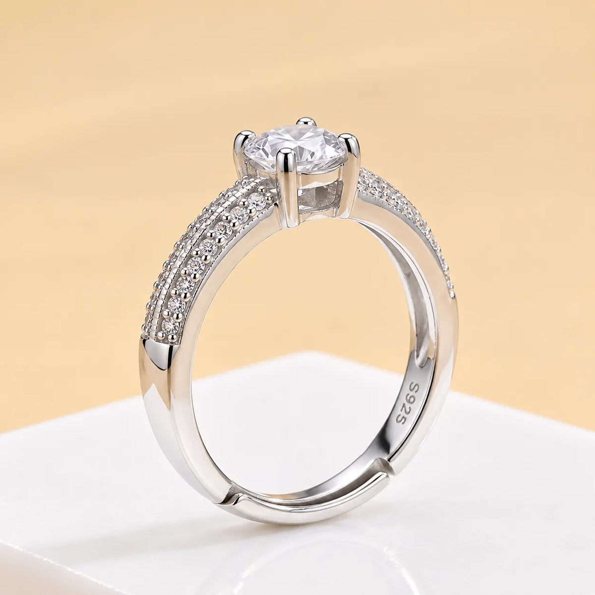 Elegant Adjustable Solitaire Diamond Ring Silver Finishing for Women