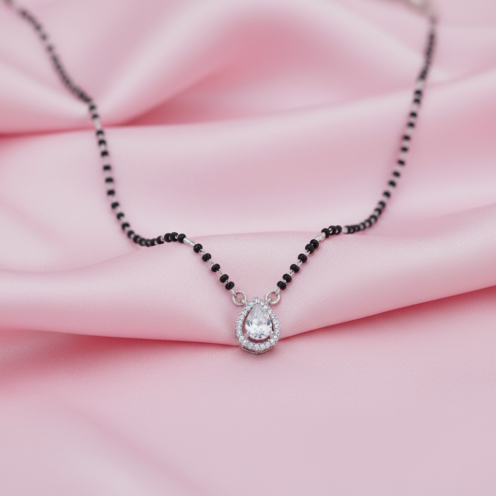 Elegant Black Bead Mangalsutra with Teardrop Gemstone Pendant