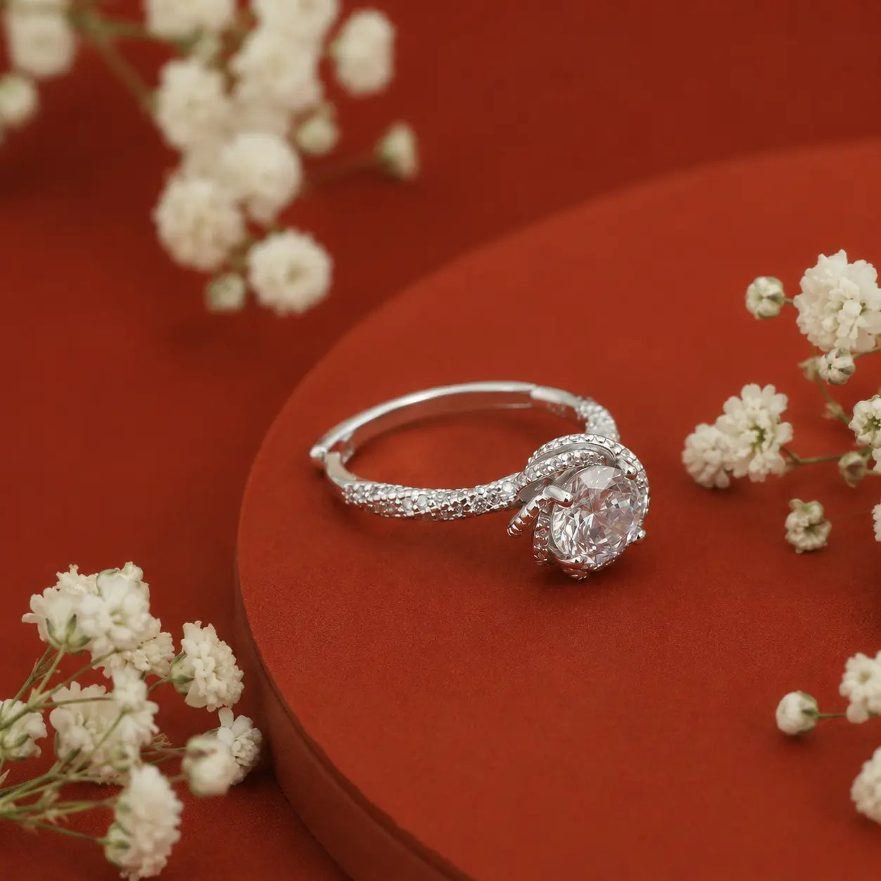 Elegant Floral Halo Diamond Ring with Pavé Band – Adjustable Luxury Engagement Ring