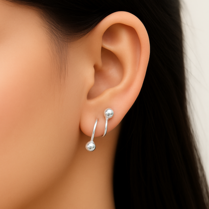 Elegant Minimalist Double Sphere Climber Silver Earrings