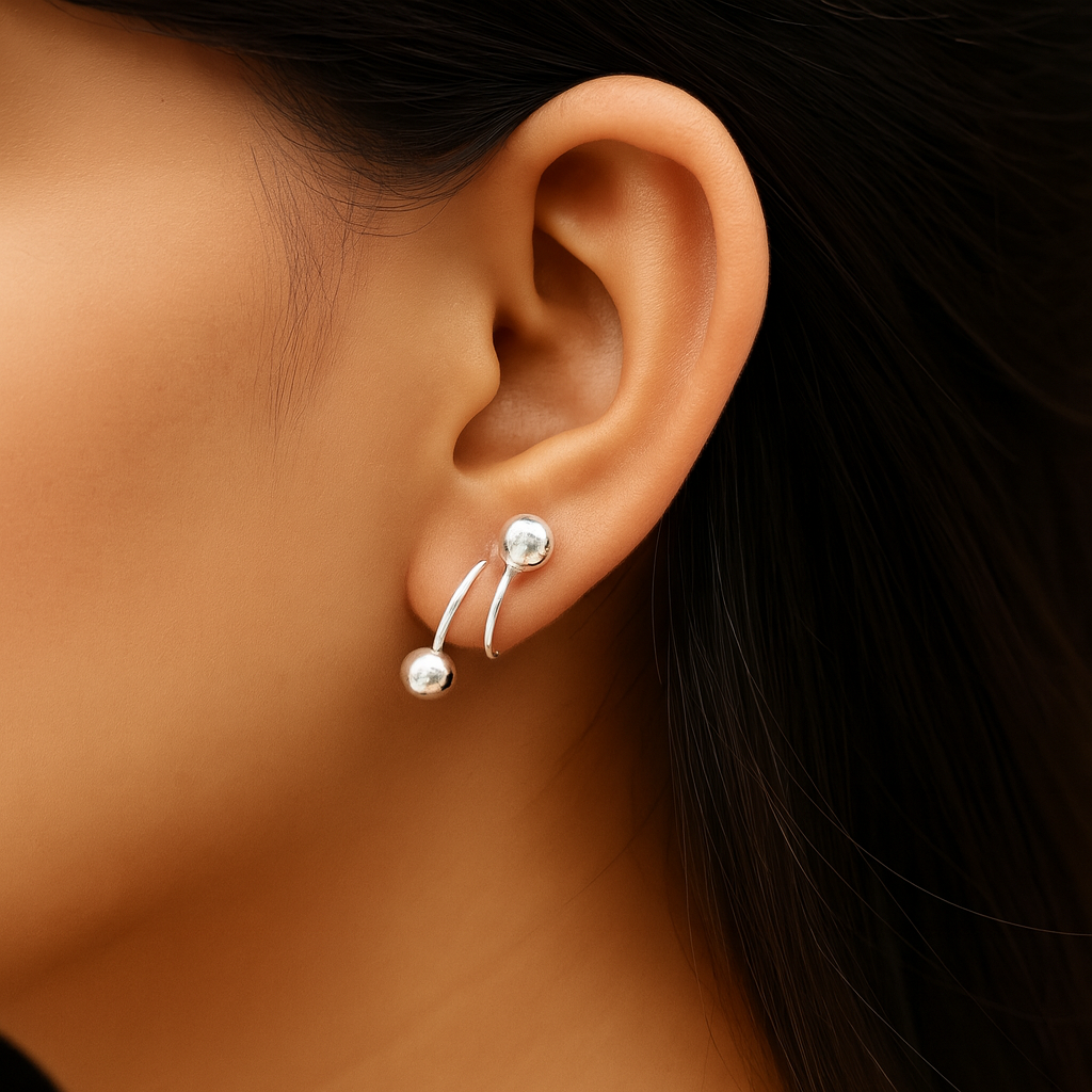 Elegant Minimalist Double Sphere Climber Silver Earrings
