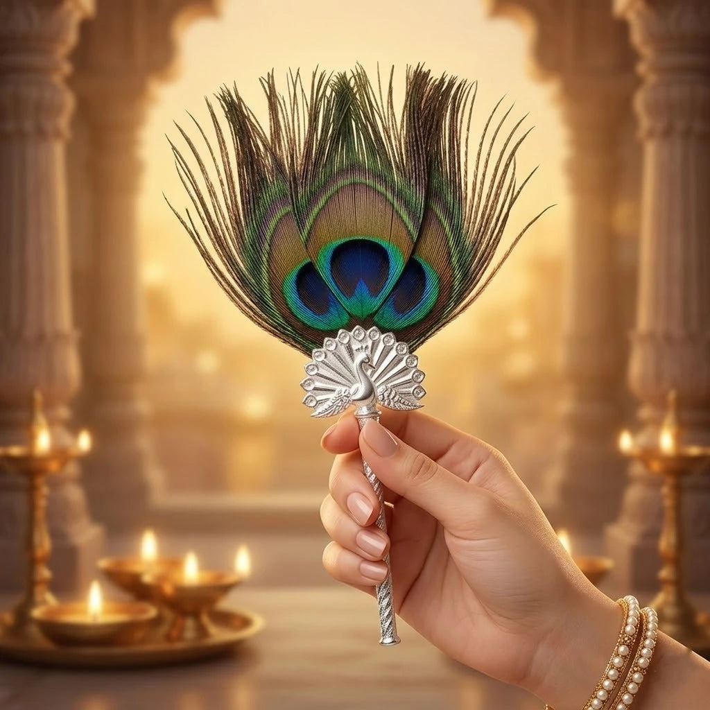 Elegant Peacock Feather Fan with Ornate Silver Handle For Laddu Gopal