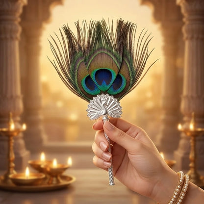 Elegant Peacock Feather Fan with Ornate Silver Handle For Laddu Gopal