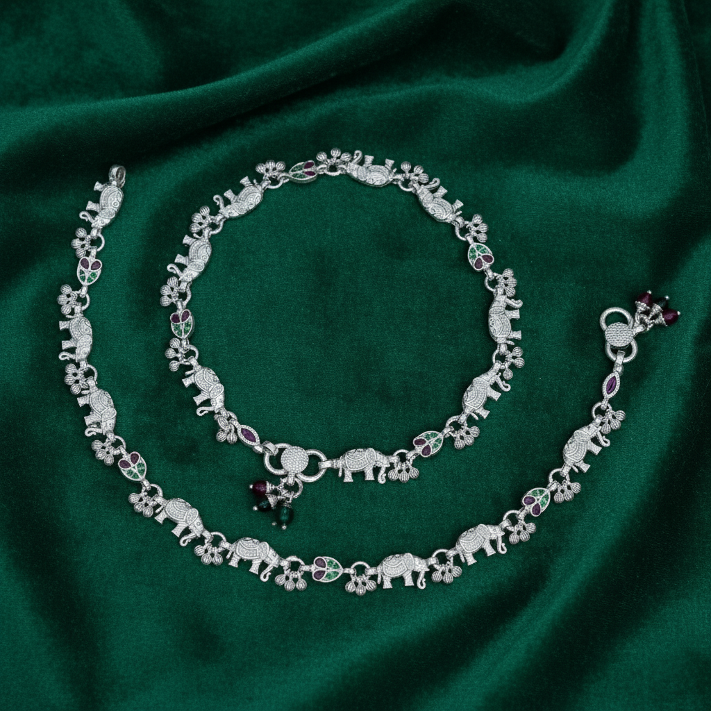 Elephant Motif Silver Payal Set Traditional Charm