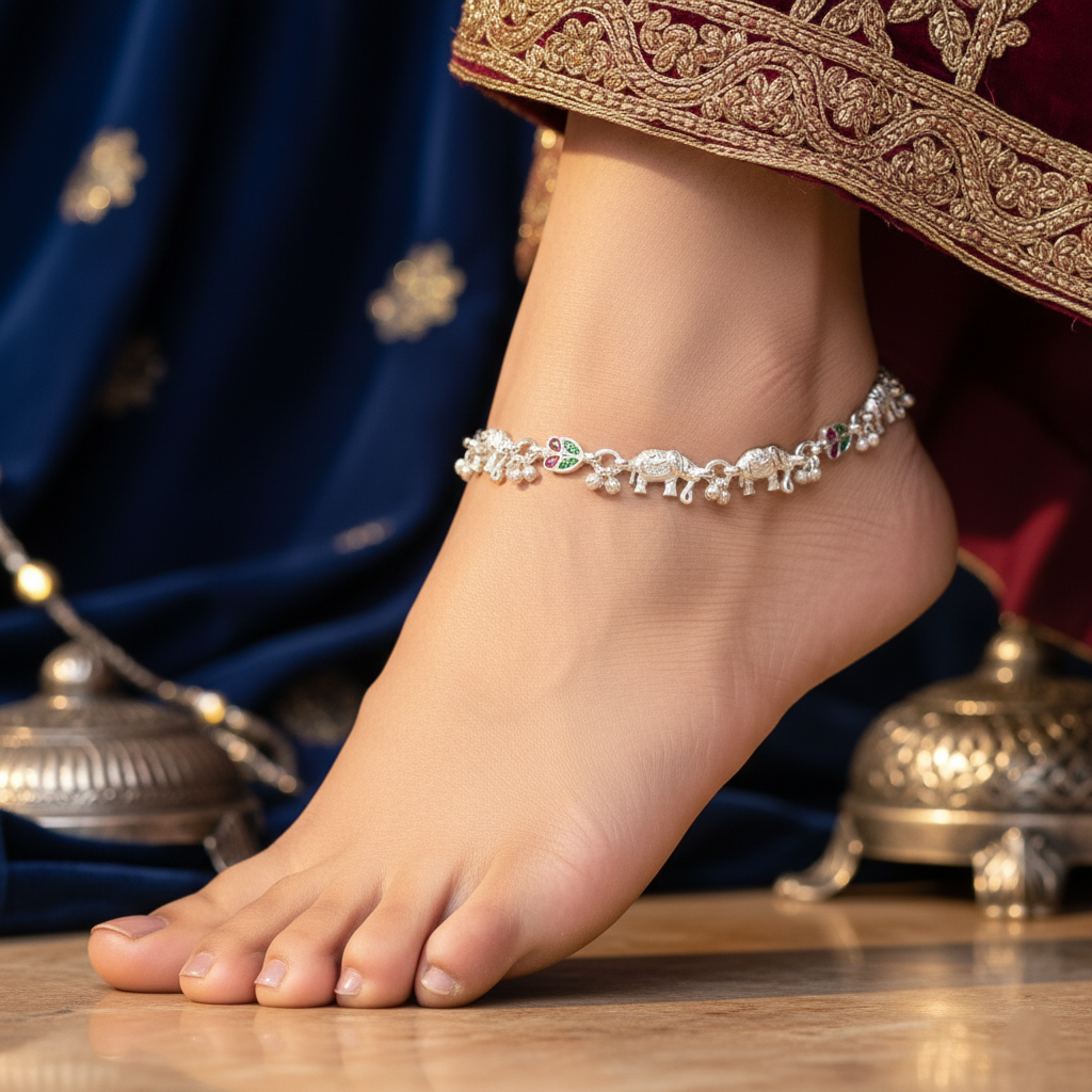 Elephant Motif Silver Payal Set Traditional Charm