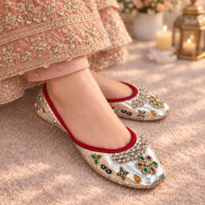 Traditional Silver Jutti with Multicolor Kundan & Ghungroo