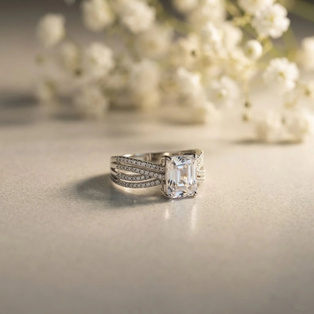 Emerald Cut Diamond Ring with Triple Pavé Band in White Gold